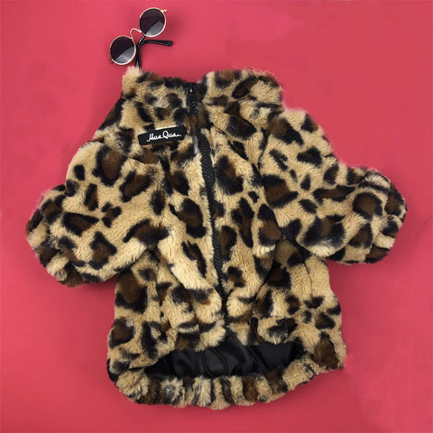 Dog Fuzzy Jacket Cute Leopard Print Coat Pet Plush Warm Zipper Clothes