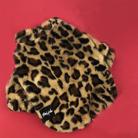 Dog Fuzzy Jacket Cute Leopard Print Coat Pet Plush Warm Zipper Clothes