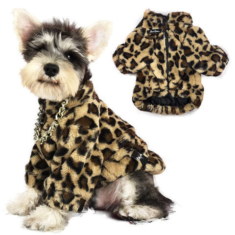 Dog Fuzzy Jacket Cute Leopard Print Coat Pet Plush Warm Zipper Clothes